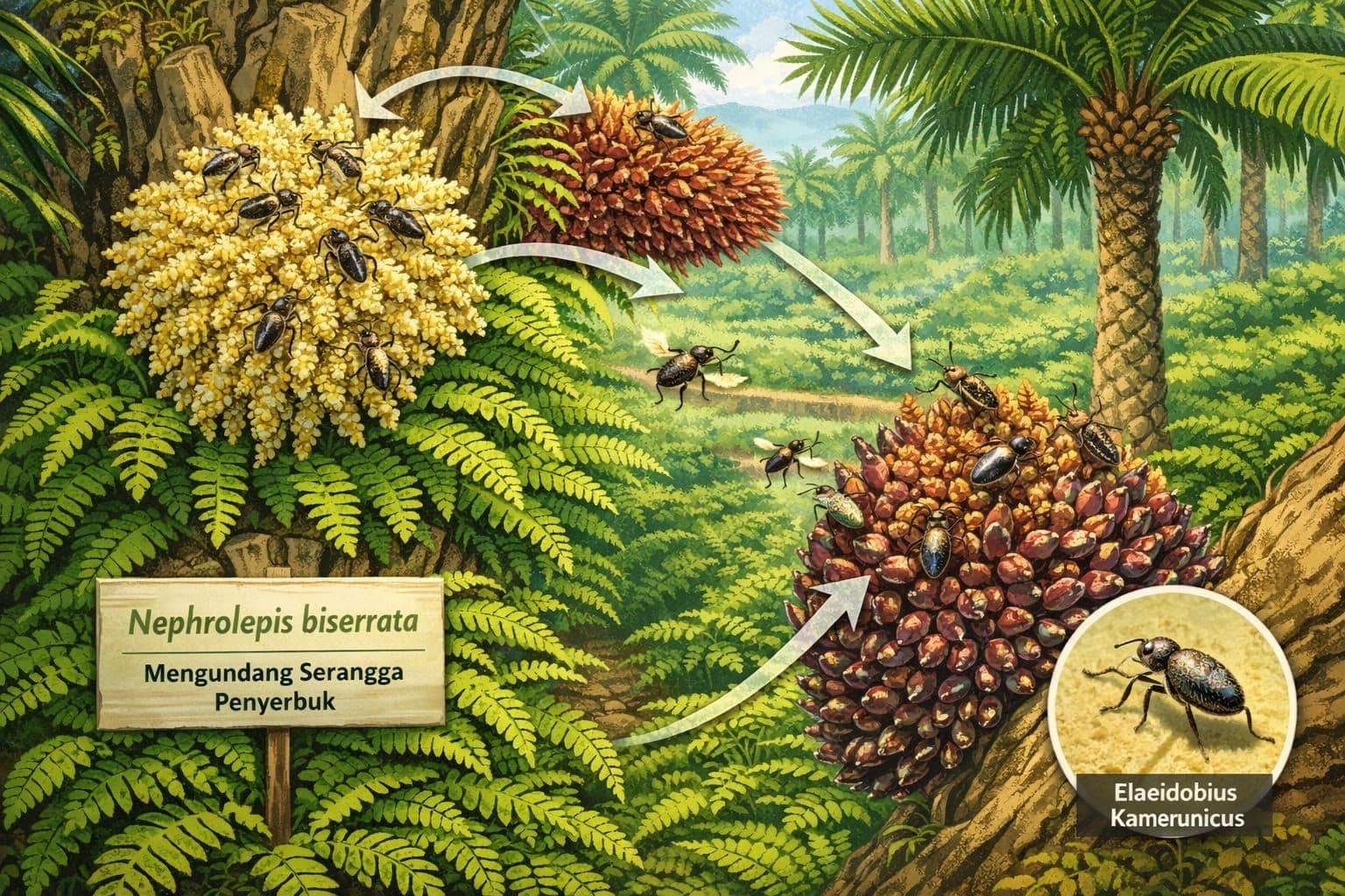 Pakis Nephrolepis biserrata Juga Bisa Mengundang Serangga Penyerbuk Kelapa Sawit