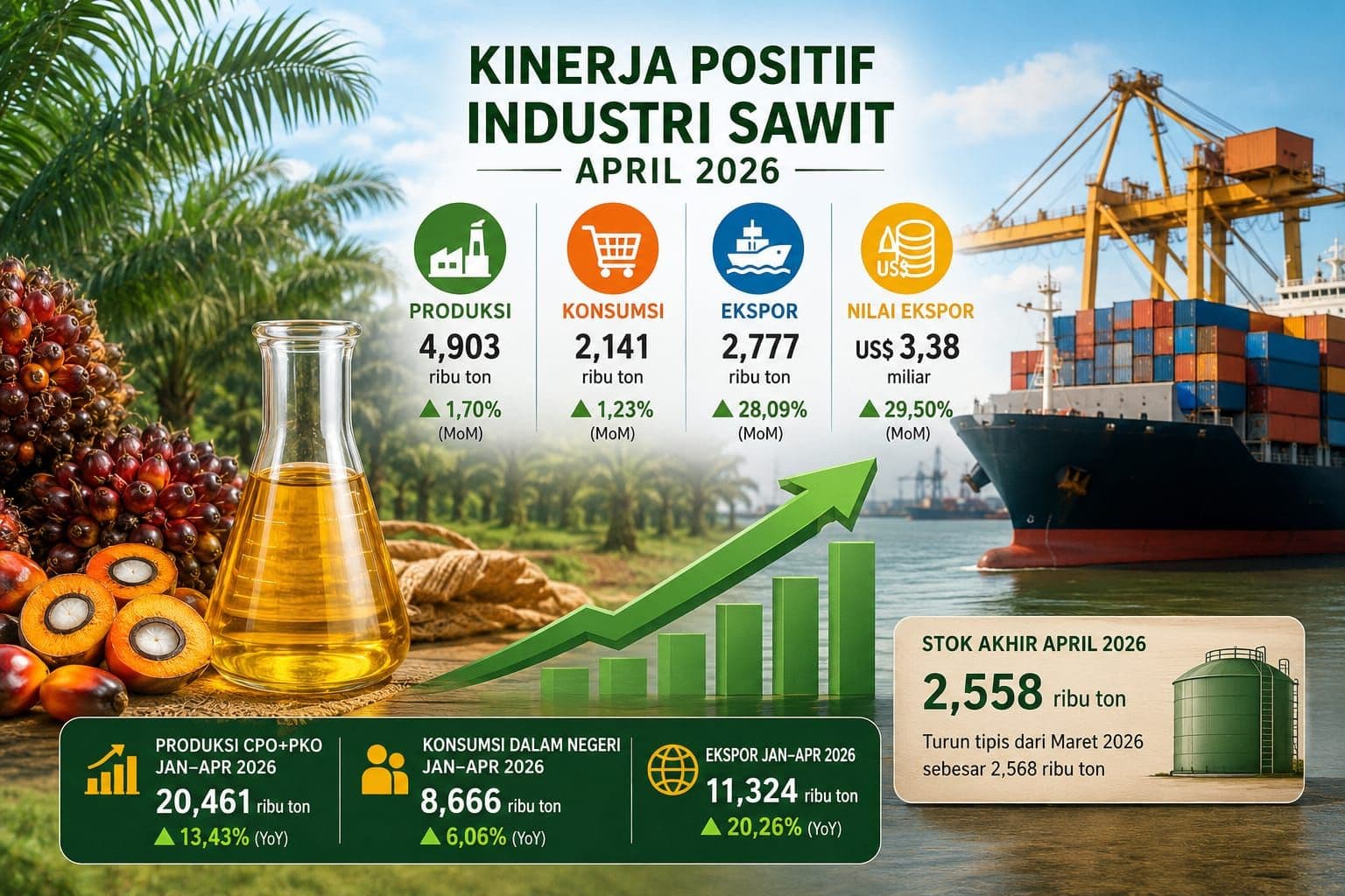 Produksi Sawit Naik, Nilai Ekspor Tembus US$13 Miliar hingga April 2026
