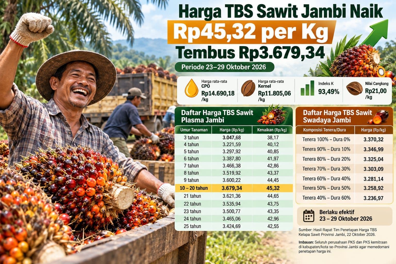 Harga TBS Sawit Jambi Periode 23-29 Oktober Naik Rp45,32 per Kg, Tembus Rp3.679,34